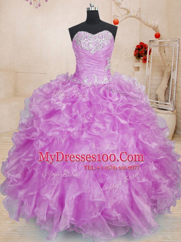 New Style Lilac Lace Up Sweetheart Beading and Ruffles Sweet 16 Quinceanera Dress Organza Sleeveless