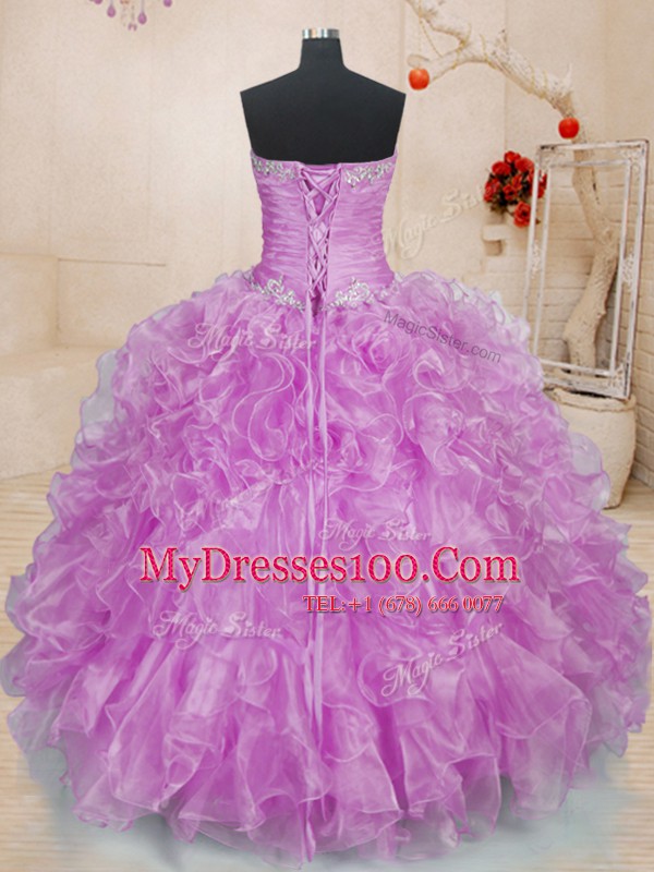 New Style Lilac Lace Up Sweetheart Beading and Ruffles Sweet 16 Quinceanera Dress Organza Sleeveless