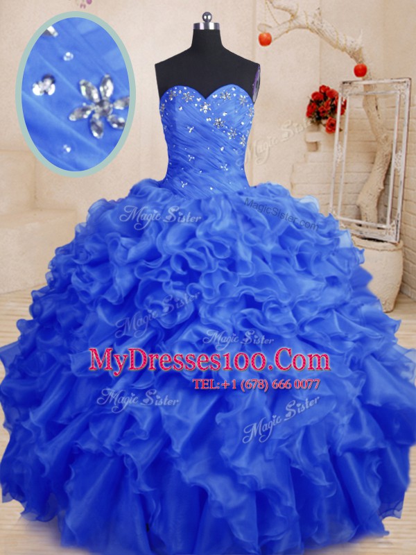 Stylish Sweetheart Sleeveless Organza 15 Quinceanera Dress Beading and Ruffles Lace Up