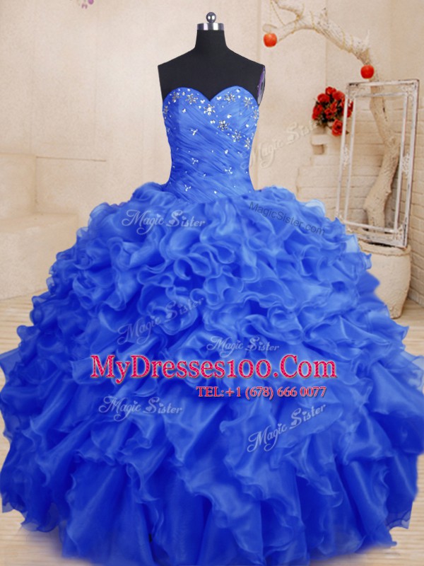 Stylish Sweetheart Sleeveless Organza 15 Quinceanera Dress Beading and Ruffles Lace Up