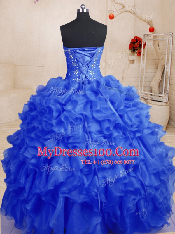 Stylish Sweetheart Sleeveless Organza 15 Quinceanera Dress Beading and Ruffles Lace Up