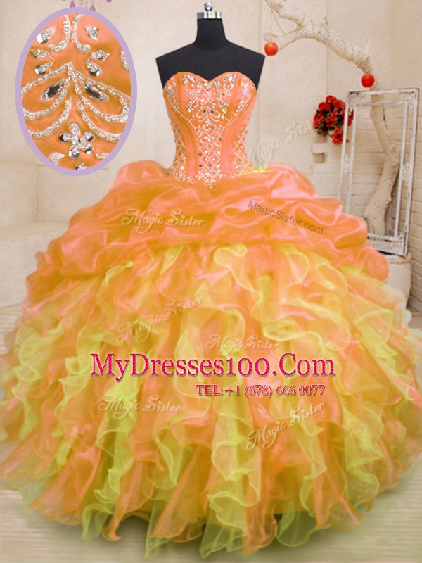 Multi-color Organza Lace Up Sweetheart Sleeveless Floor Length Ball Gown Prom Dress Beading and Ruffles