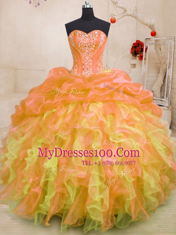 Multi-color Organza Lace Up Sweetheart Sleeveless Floor Length Ball Gown Prom Dress Beading and Ruffles