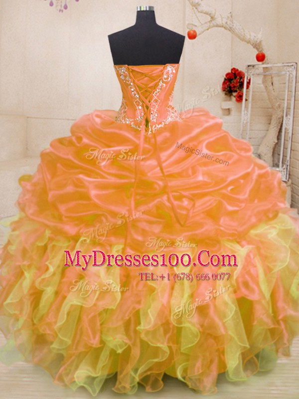 Multi-color Organza Lace Up Sweetheart Sleeveless Floor Length Ball Gown Prom Dress Beading and Ruffles