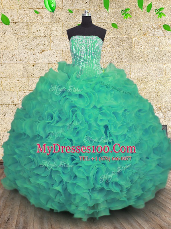 Turquoise Lace Up Sweet 16 Dress Beading and Ruffles Sleeveless Floor Length