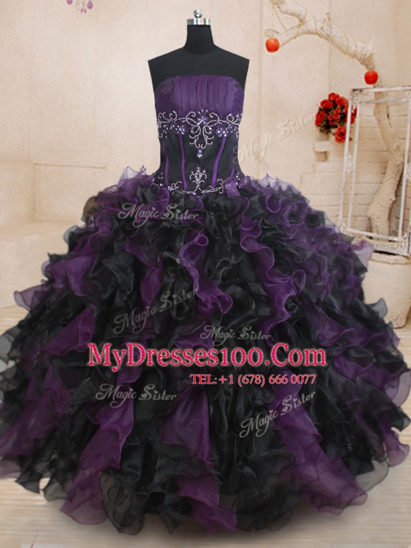 Black And Purple Ball Gowns Beading and Ruffles Ball Gown Prom Dress Lace Up Organza Sleeveless Floor Length