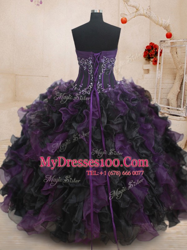 Black And Purple Ball Gowns Beading and Ruffles Ball Gown Prom Dress Lace Up Organza Sleeveless Floor Length