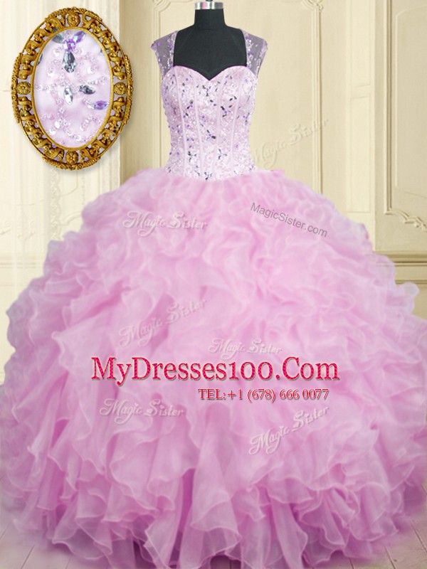 Dramatic Lilac Sleeveless Floor Length Beading and Ruffles Zipper Sweet 16 Dresses