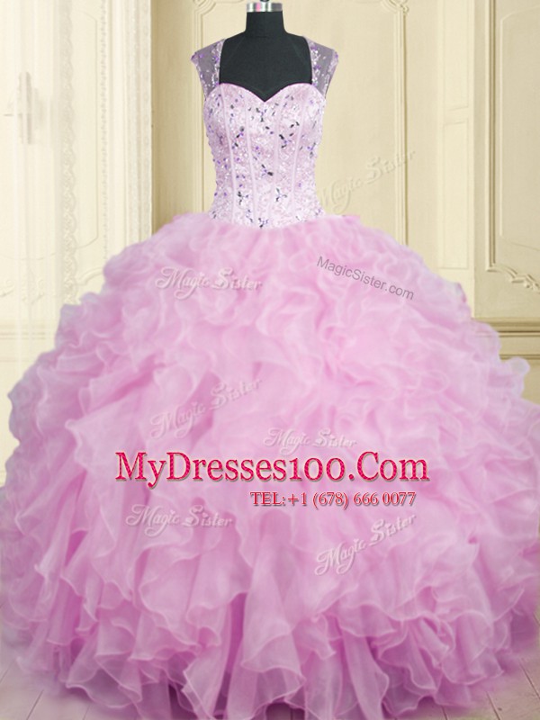 Dramatic Lilac Sleeveless Floor Length Beading and Ruffles Zipper Sweet 16 Dresses
