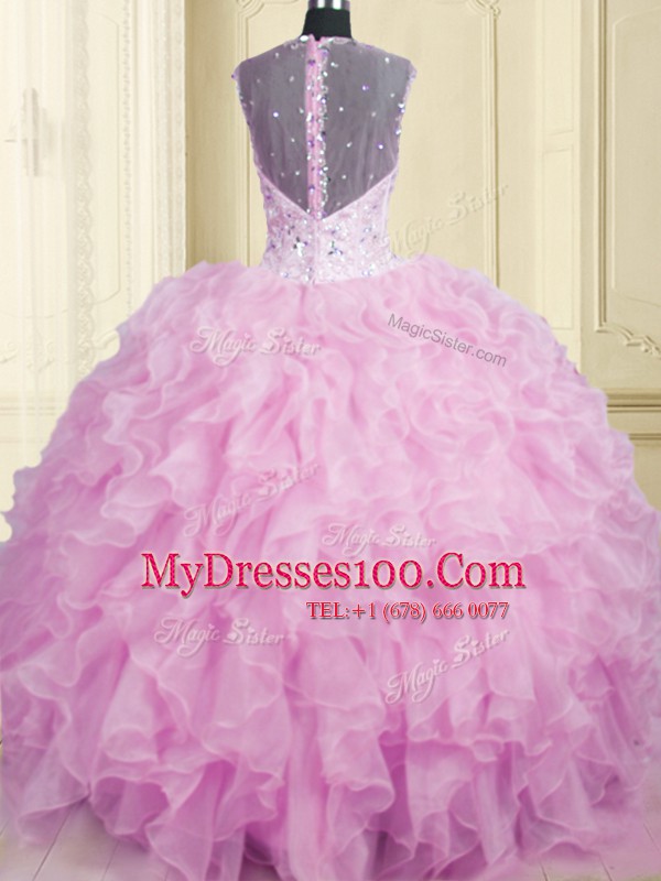 Dramatic Lilac Sleeveless Floor Length Beading and Ruffles Zipper Sweet 16 Dresses