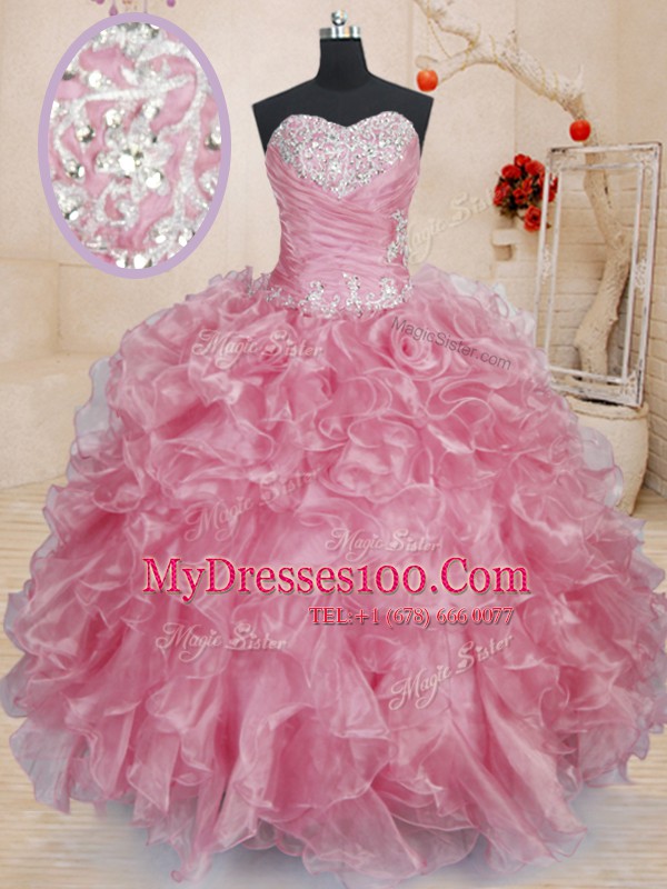 Pink Sweetheart Lace Up Beading and Ruffles Quince Ball Gowns Sleeveless