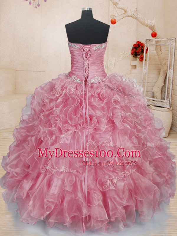 Pink Sweetheart Lace Up Beading and Ruffles Quince Ball Gowns Sleeveless
