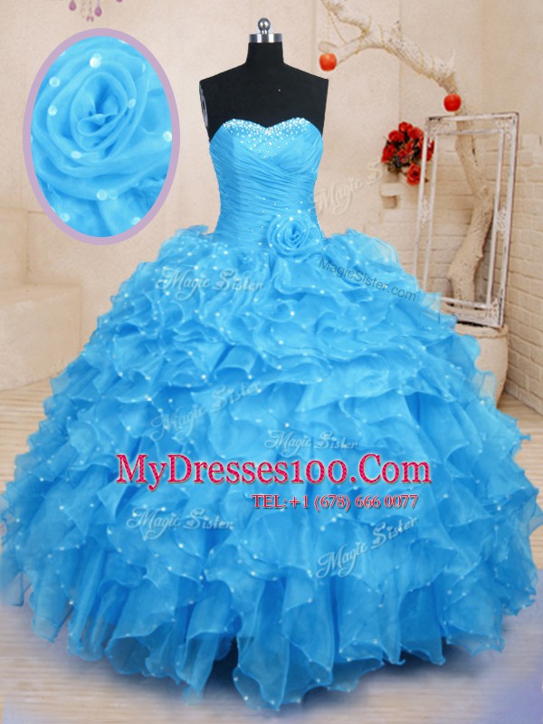 Sweetheart Sleeveless Organza Ball Gown Prom Dress Beading and Ruffles and Hand Made Flower Lace Up