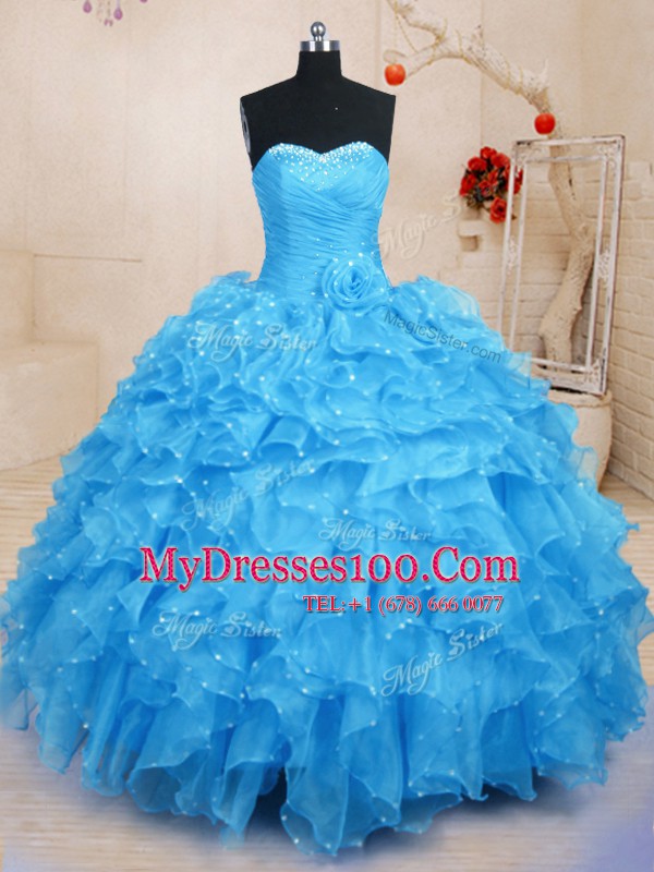 Sweetheart Sleeveless Organza Ball Gown Prom Dress Beading and Ruffles and Hand Made Flower Lace Up
