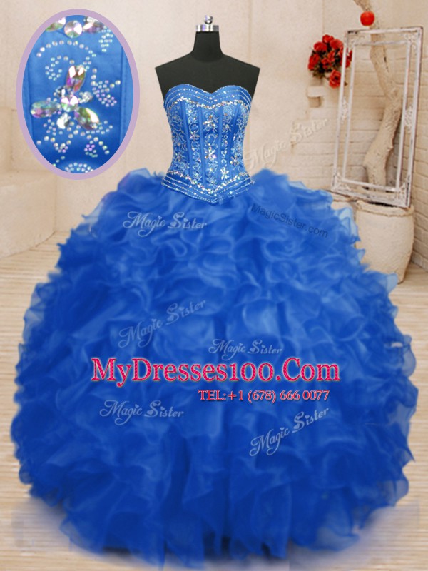 Gorgeous Floor Length Lace Up Sweet 16 Dress Blue for Military Ball and Sweet 16 and Quinceanera with Beading and Ruffles