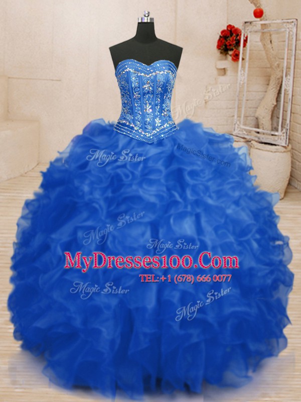 Gorgeous Floor Length Lace Up Sweet 16 Dress Blue for Military Ball and Sweet 16 and Quinceanera with Beading and Ruffles