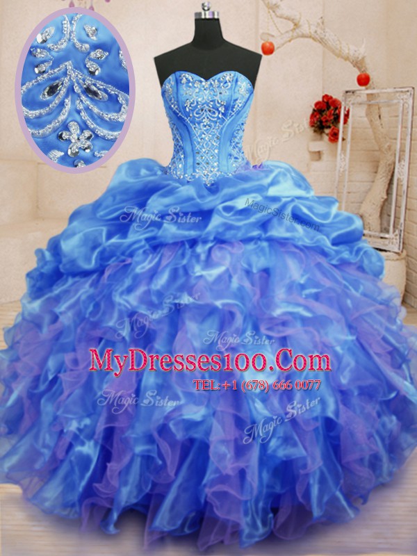 Dazzling Blue Organza Lace Up Sweetheart Sleeveless Floor Length Sweet 16 Dress Beading and Ruffles