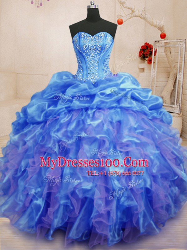 Dazzling Blue Organza Lace Up Sweetheart Sleeveless Floor Length Sweet 16 Dress Beading and Ruffles