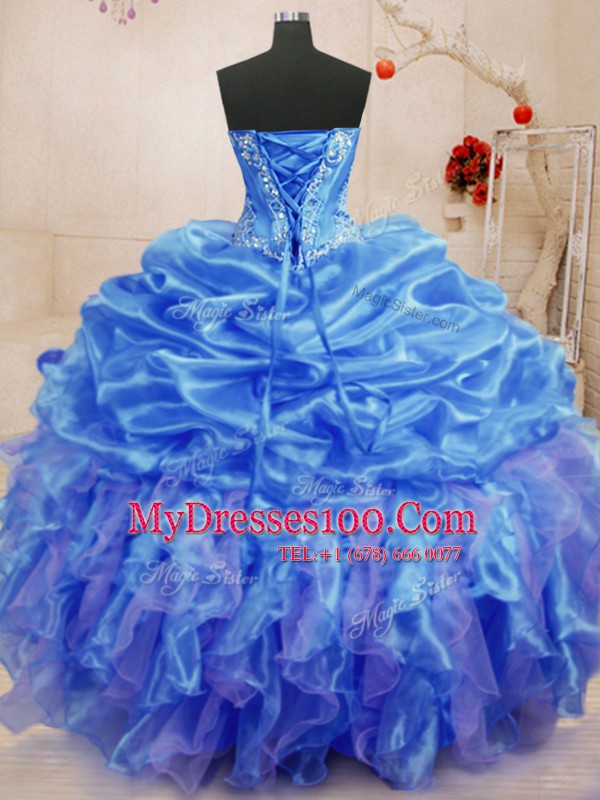 Dazzling Blue Organza Lace Up Sweetheart Sleeveless Floor Length Sweet 16 Dress Beading and Ruffles
