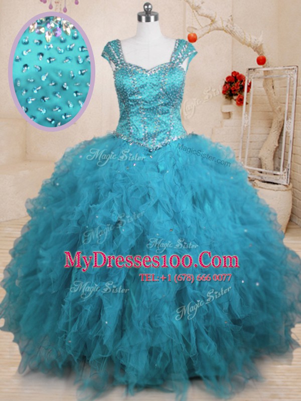 Cap Sleeves Tulle Floor Length Lace Up Quinceanera Dresses in Baby Blue with Beading and Ruffles