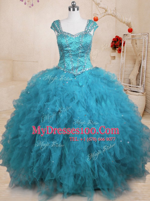 Cap Sleeves Tulle Floor Length Lace Up Quinceanera Dresses in Baby Blue with Beading and Ruffles