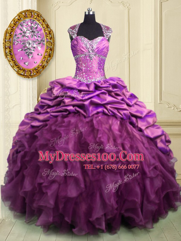 Simple Lilac Sweetheart Lace Up Beading and Ruffles and Ruffled Layers and Pick Ups Sweet 16 Dress Brush Train Cap Sleeves