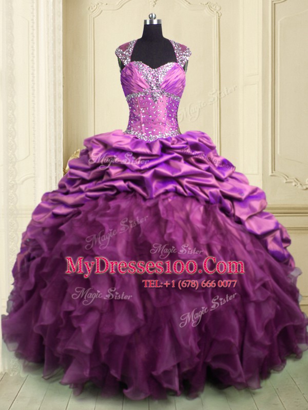 Simple Lilac Sweetheart Lace Up Beading and Ruffles and Ruffled Layers and Pick Ups Sweet 16 Dress Brush Train Cap Sleeves