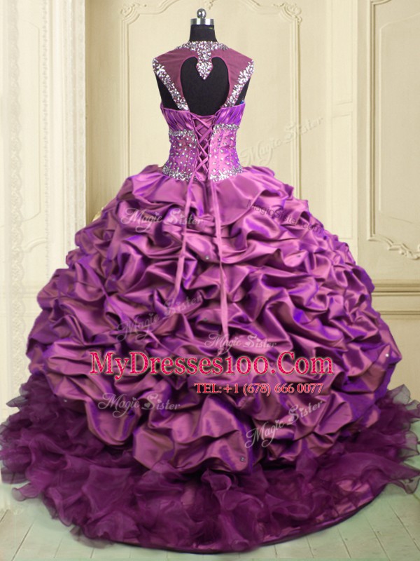 Simple Lilac Sweetheart Lace Up Beading and Ruffles and Ruffled Layers and Pick Ups Sweet 16 Dress Brush Train Cap Sleeves