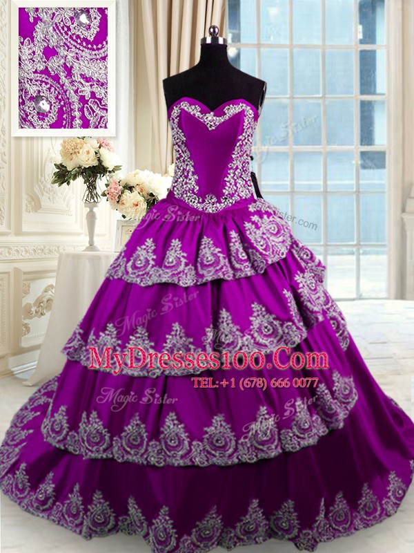 Sleeveless With Train Beading and Appliques and Ruffled Layers Lace Up Quinceanera Gown with Eggplant Purple