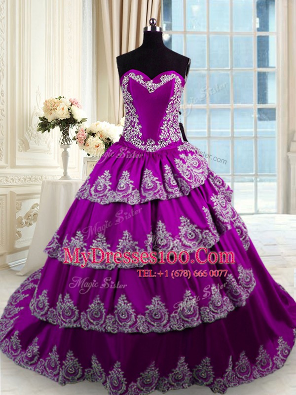 Sleeveless With Train Beading and Appliques and Ruffled Layers Lace Up Quinceanera Gown with Eggplant Purple