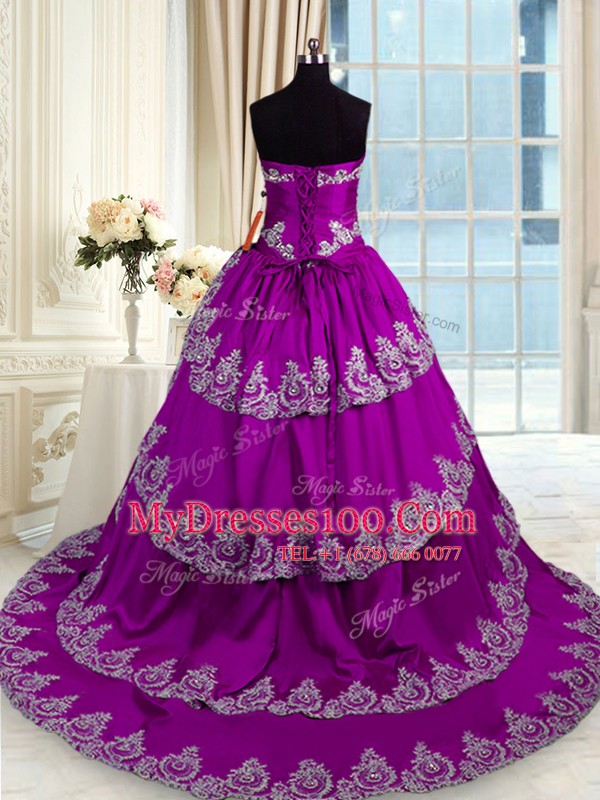 Sleeveless With Train Beading and Appliques and Ruffled Layers Lace Up Quinceanera Gown with Eggplant Purple