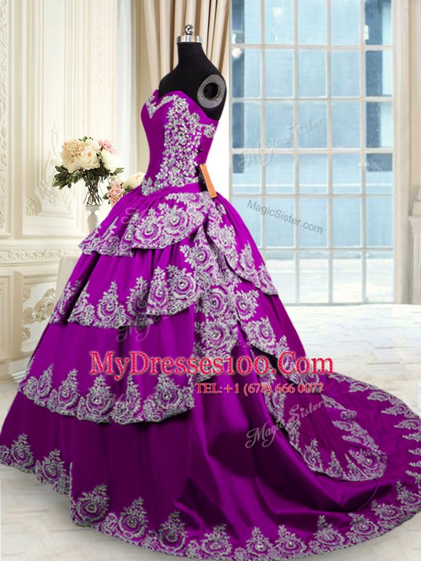 Sleeveless With Train Beading and Appliques and Ruffled Layers Lace Up Quinceanera Gown with Eggplant Purple