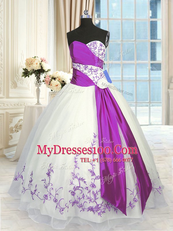 Ideal White And Purple Lace Up Sweetheart Embroidery and Sashes ribbons Sweet 16 Dresses Organza Sleeveless