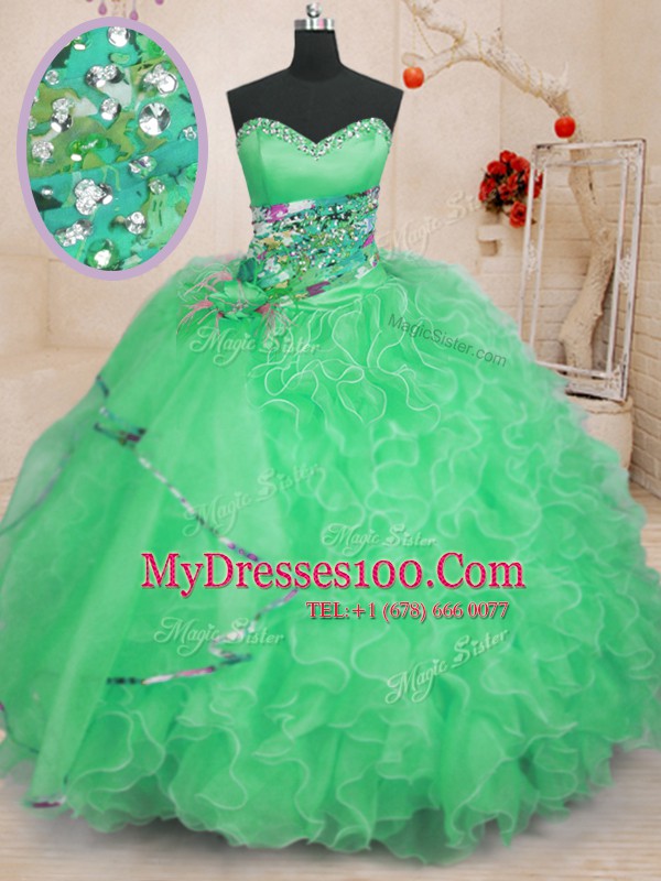 Flare Ball Gowns Vestidos de Quinceanera Apple Green Sweetheart Organza Sleeveless Floor Length Lace Up