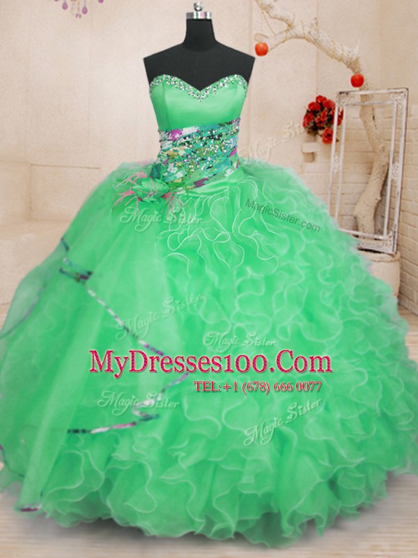 Flare Ball Gowns Vestidos de Quinceanera Apple Green Sweetheart Organza Sleeveless Floor Length Lace Up