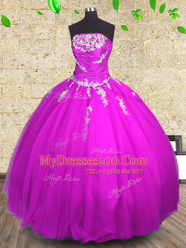 Ball Gowns Ball Gown Prom Dress Fuchsia Strapless Tulle Sleeveless Floor Length Lace Up