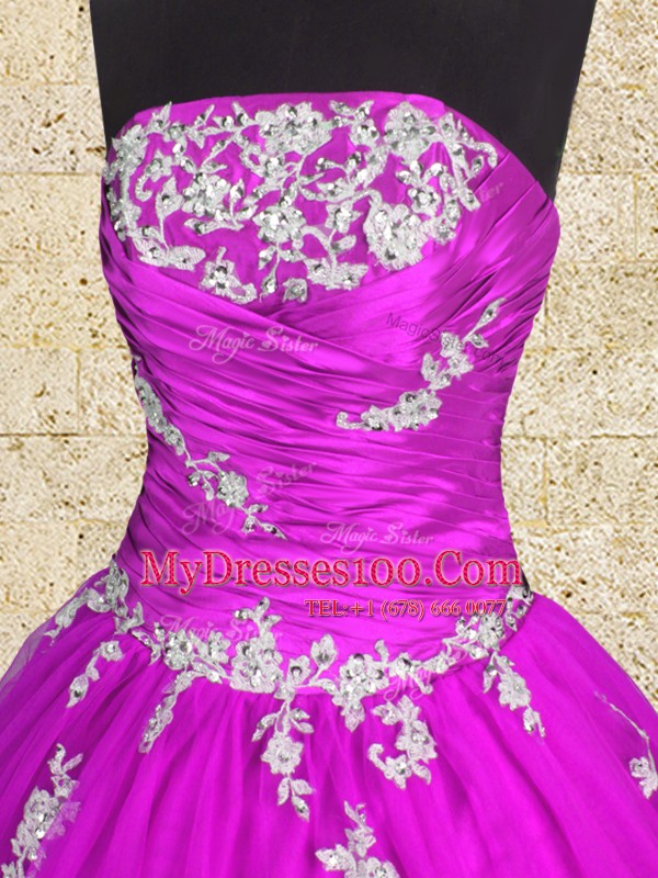 Ball Gowns Ball Gown Prom Dress Fuchsia Strapless Tulle Sleeveless Floor Length Lace Up