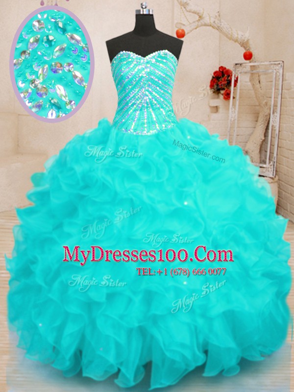 Top Selling Sleeveless Floor Length Beading and Ruffles and Sequins Lace Up 15 Quinceanera Dress with Aqua Blue