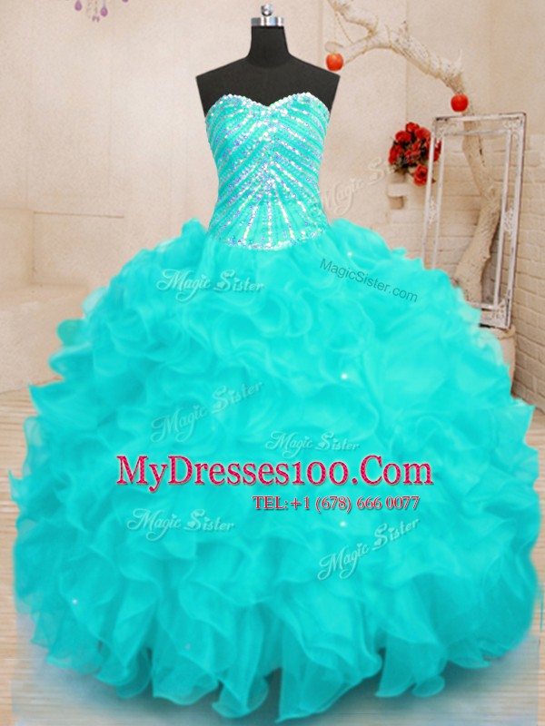 Top Selling Sleeveless Floor Length Beading and Ruffles and Sequins Lace Up 15 Quinceanera Dress with Aqua Blue