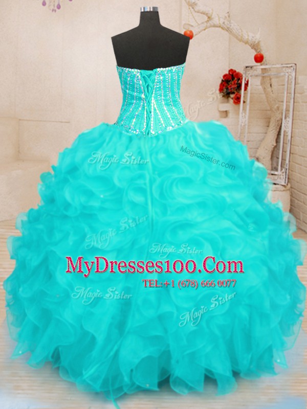 Top Selling Sleeveless Floor Length Beading and Ruffles and Sequins Lace Up 15 Quinceanera Dress with Aqua Blue