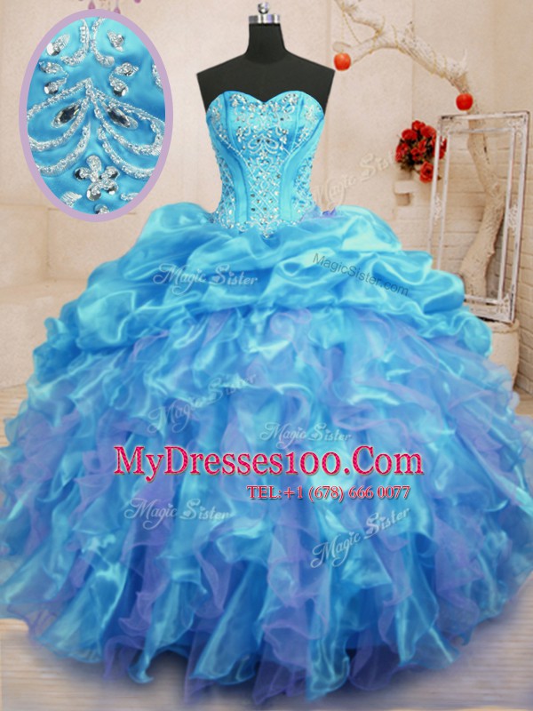 Aqua Blue Ball Gowns Sweetheart Sleeveless Organza Floor Length Lace Up Beading and Ruffles Vestidos de Quinceanera
