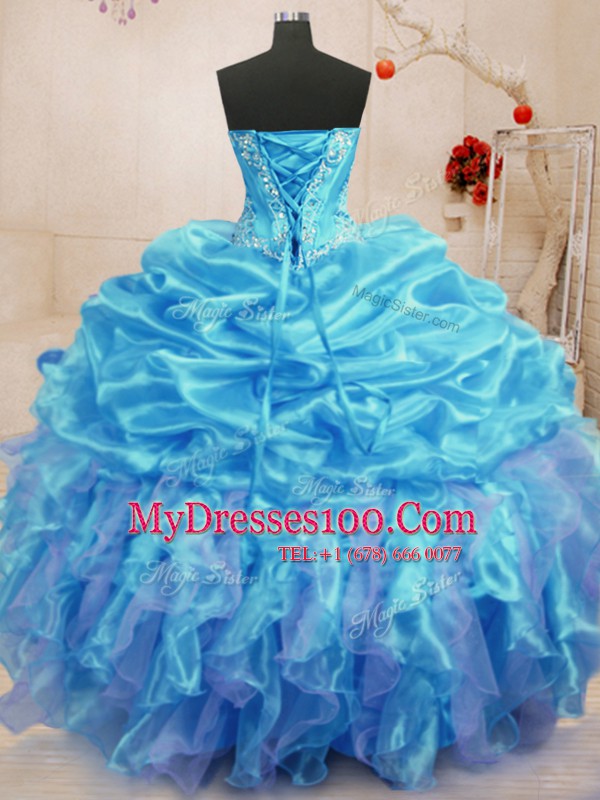Aqua Blue Ball Gowns Sweetheart Sleeveless Organza Floor Length Lace Up Beading and Ruffles Vestidos de Quinceanera