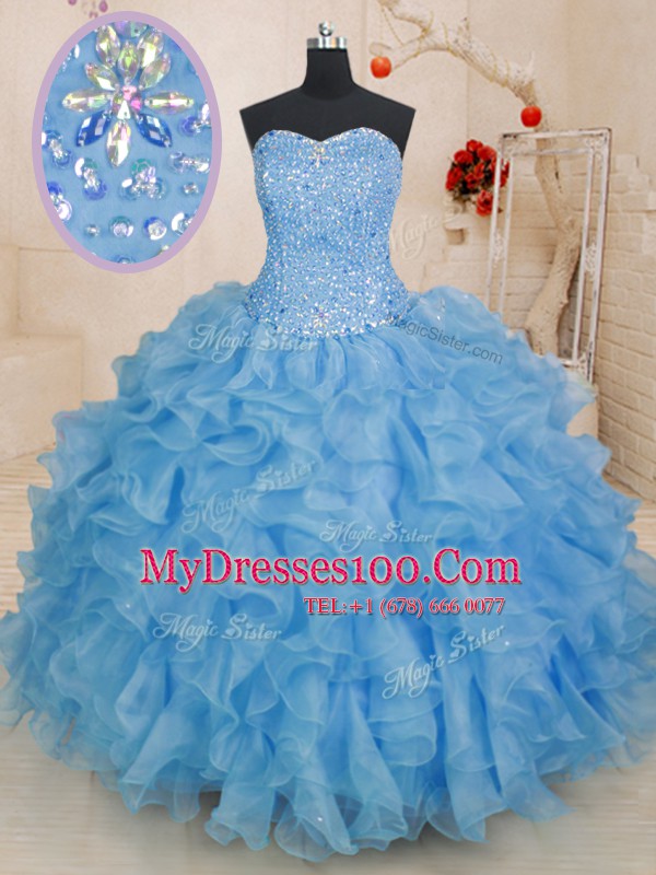Simple Blue Ball Gowns Sweetheart Sleeveless Organza Floor Length Lace Up Beading and Ruffles Sweet 16 Dresses
