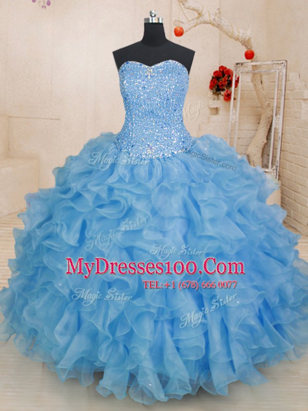 Simple Blue Ball Gowns Sweetheart Sleeveless Organza Floor Length Lace Up Beading and Ruffles Sweet 16 Dresses