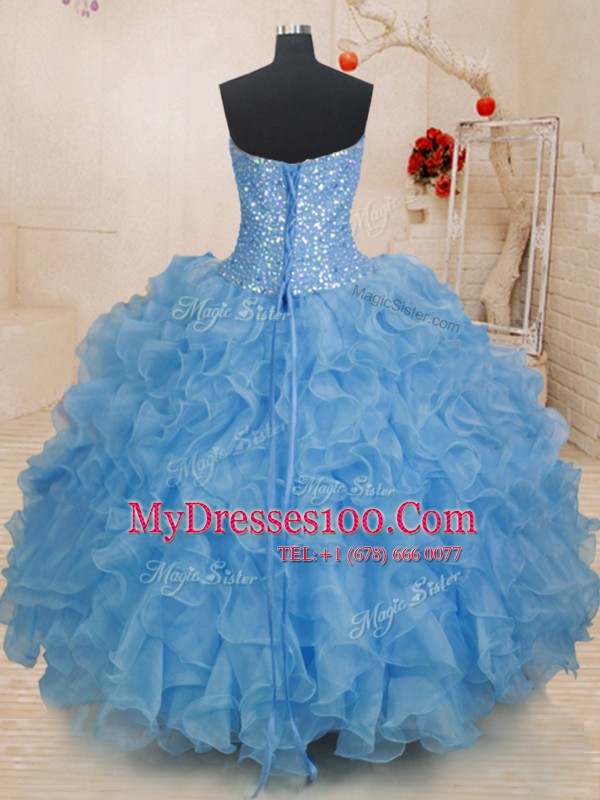 Simple Blue Ball Gowns Sweetheart Sleeveless Organza Floor Length Lace Up Beading and Ruffles Sweet 16 Dresses