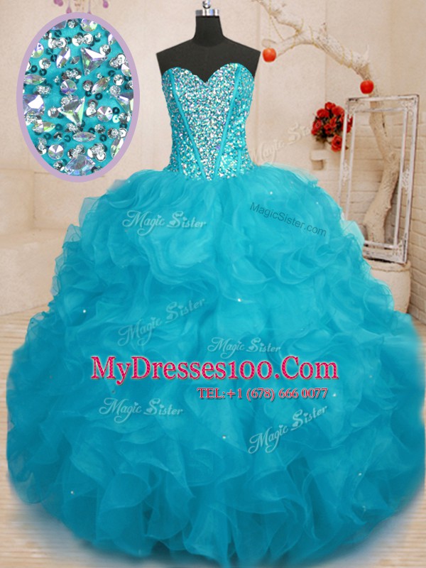 Aqua Blue Lace Up Quinceanera Gown Beading Sleeveless Floor Length