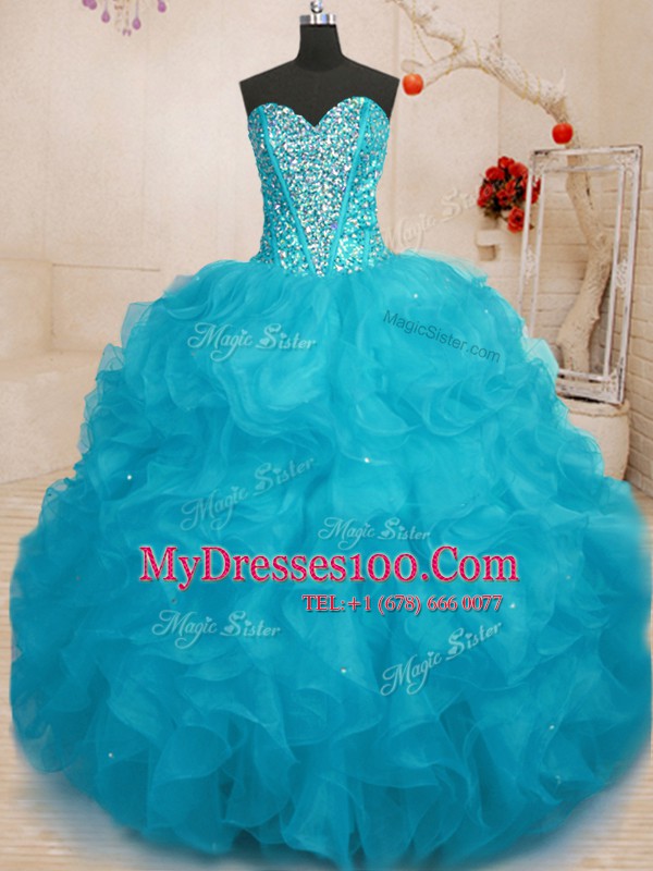 Aqua Blue Lace Up Quinceanera Gown Beading Sleeveless Floor Length