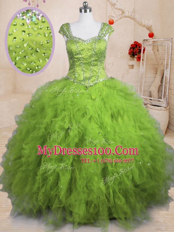 Elegant Short Sleeves Floor Length Beading and Ruffles Lace Up Quinceanera Dress with Olive Green