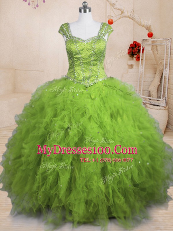 Elegant Short Sleeves Floor Length Beading and Ruffles Lace Up Quinceanera Dress with Olive Green