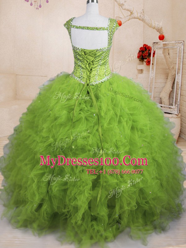 Elegant Short Sleeves Floor Length Beading and Ruffles Lace Up Quinceanera Dress with Olive Green